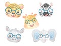 Cute watercolor wildlife animal wearing eyeglasses, nerdy woodland lion, monkey, bear, hippo, elephant nursery hand drawn illustra