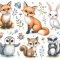 cute watercolor wildlife baby animals illustrations set Royalty Free Stock Photo