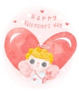 Cute watercolour happy cheerful smile Valentine love cupid boy blonde curly hair with red big heart in background cartoon