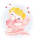 Cute watercolour happy smile Valentine cupid boy blonde curly hair hug big red heart Happy Valentine`s day ribbon banner cartoon