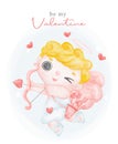 Cute watercolour happy smile Valentine cupid boy, blonde curly hair shooting bow and arrow, be my Valentine cartoon character hand