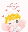 Cute watercolour happy Valentine little blonde curly hair cupid boy with mini heart hand gesture cartoon character hand painting