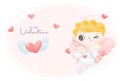 Cute watercolour happy Valentine little blonde curly hair cupid boy shooting flying heart by arrow adorable cartoon character hand