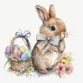 Cute watercolour little rabbit with a bow ribbon on neck in basket with easter eggs, flowers, on white background in Royalty Free Stock Photo