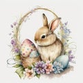 Cute watercolour little rabbit with a bow ribbon on neck in basket with easter eggs, flowers, on white background in Royalty Free Stock Photo