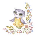 Cute watercolour owl in childish style