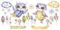 Cute watercolour owl. Decorative animals and floral illustration. Birthday elements collection. Cartoon owl. Royalty Free Stock Photo
