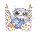 Cute watercolour owl and flowers in childish style