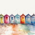 Cute watercolour painting of colourful beach huts