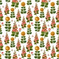 Cute watercolour pattern with farm's flowers. Pattern on dark background.