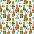 Cute watercolour pattern with farm's flowers. Pattern on white background.