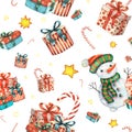 Cute watercolour seamless pattern with snowman in a hat and scarf, christmas gift boxes, candy and stars winter holiday