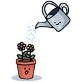 Cute watering can with flowers and kawaii face cartoon vector illustration motif set