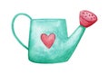 Cute watering can with pink heart. Hand drawn watercolor illustration.