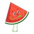 Cute watermelon character falls in love with eyes hearts, face, arms and legs. The funny or smile emotions fruit or
