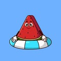 Cute Watermelon fruit character with swim ring float. Fruit summer icon concept isolated. flat cartoon style Premium Vector Royalty Free Stock Photo