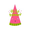 Cute watermelon greeting card. Hello Summer lettering with fresh fruit print for kids or party. Royalty Free Stock Photo