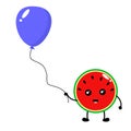 Cute watermelon slice holding blue balloon illustration Royalty Free Stock Photo
