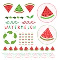 Cute watermelon vector illustration clipart set. Hand drawn kawaii dotty melon