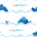 Cute waves and letters WATER, whale, anchor and fish isolated on a white background in blue color.