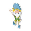 Cute waving gnome. Sticker. Isolated cartoon illustration.