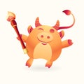 Cute wealth bull, cheerful ox hold calligraphy brush on isolated background. Lunar symbol of year blessing. Mascot for