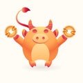Cute wealth bull, cheerful ox hold gold coins on isolated background. Lunar symbol of year greeting and blessing. Mascot