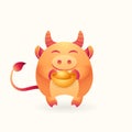 Cute wealth bull, cheerful ox hold gold ingot on isolated background. Lunar symbol of year greeting and blessing. Mascot