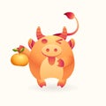 Cute wealth bull, cheerful ox hold longevity orange on isolated background. Lunar symbol of year blessing. Mascot for