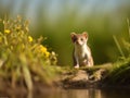 Cute weasel (Mustela tetrix) standing on a rock in the grass. Made with Generative AI