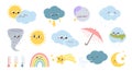 Cute weather characters. Cartoon funny season forecast emotion elements. Kids sun, happy rainbow, snowy cloud in hat Royalty Free Stock Photo