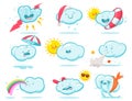 Cute weather, cloud and sun vector cartoon character set Royalty Free Stock Photo