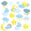 Cute weather icons collection with sun, moon, clouds, star, snowflakes, rain Royalty Free Stock Photo