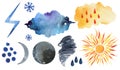 Cute weather icons. Forecast meteorology watercolor symbols. Royalty Free Stock Photo