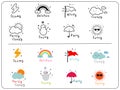 Cute weather icons, outline and colorful cute icon.