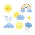 Cute weather icons set in cartoon flat style isolated on white background. Vector illustration of sun, rain, storm, snow Royalty Free Stock Photo