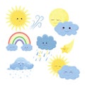 Cute weather icons set in cartoon flat style isolated on white background. Vector illustration of sun, rain, storm, snow Royalty Free Stock Photo