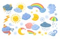 Cute weather. Isolated rainbow, cartoon rain and hurricane. Funny and angry clouds, happy sun and tornado. Emotional Royalty Free Stock Photo