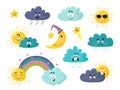 Cute weather. Rain angry cloud, joy sun. Isolated sunshine, weather forecast icons. Childish cartoon funny characters Royalty Free Stock Photo