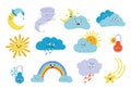 Cute weather vector illustration. Funny icon set of sun, cloud, moon, storm, rain and thermometer isolated on white. Childish Royalty Free Stock Photo