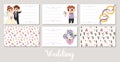 Cute wedding business cards set with just married couple, bride, groom, bridegroom, rings. Vector marriage ceremony print Royalty Free Stock Photo