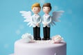 Cute wedding cake topper with two grooms in tuxedos. Gay marriage concept. Generative AI il Royalty Free Stock Photo