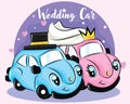 Cute wedding car character. couple car for card invitation