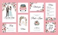 Cute wedding cards. Romantic party invitations, happy newlyweds holiday, couple in love, event banners with bride and Royalty Free Stock Photo