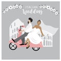 Cute wedding couple Illustration. Bride and Groom isolated sitting on a vespa. Elegant dresses cartoon illustration