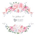 Cute wedding floral vector design frame. Rose, peony, orchid, anemone, pink flowers, eucaliptus leaves.