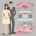 Cute wedding invitation with bride, groom, floral elements Royalty Free Stock Photo