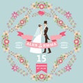 Cute wedding invitation with bride, groom,floral wreath.eps Royalty Free Stock Photo