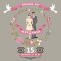 Cute wedding invitation with bride , groom , floral wreath Royalty Free Stock Photo