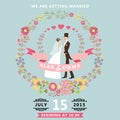 Cute wedding invitation with bride , groom , floral wreath Royalty Free Stock Photo